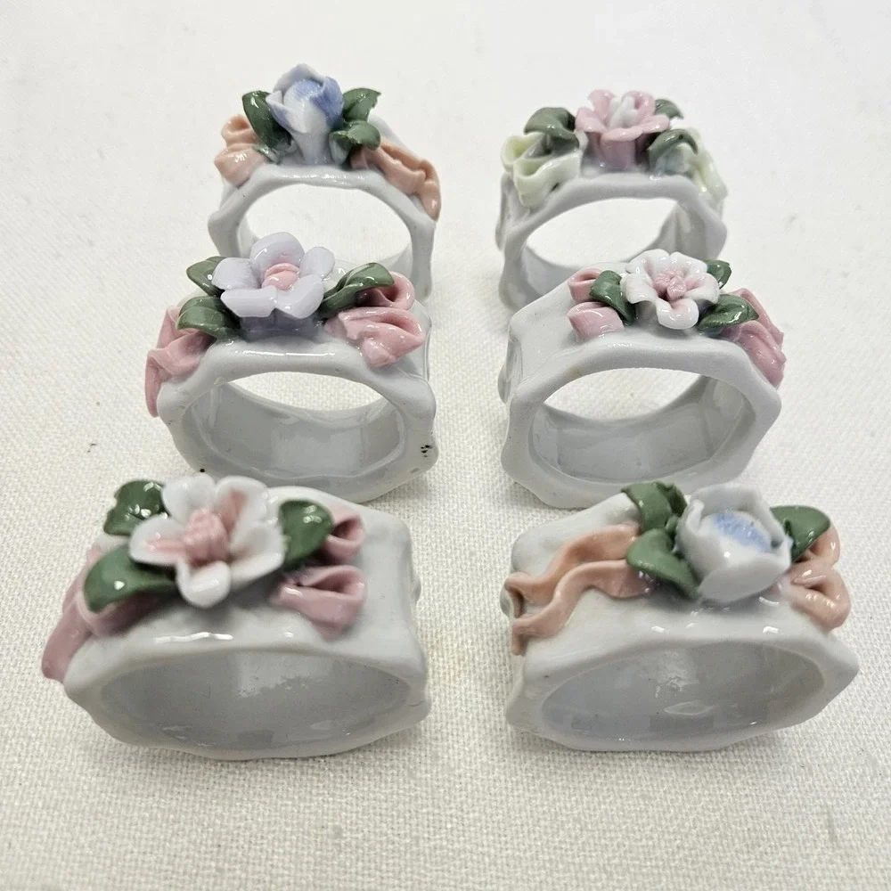 Vintage VTG Napkin Rings Set of 6 White Floral Porcelain Table Decor Cottagecore